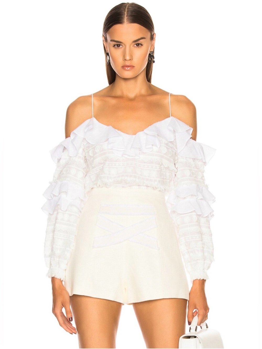 Alexis Damini White Off Shoulder Ruffle Long-Sleeve Fringe Blouse Shirt Top